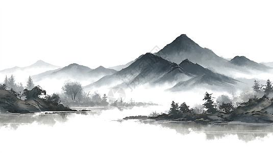 水墨画　大日方岳峰(大日方岳葉)作　8号 水墨山水画中的山峰与河流插画图片下载-正版图片602545002-摄图网