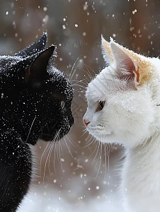 黑猫与白猫在雪天中对视高清图片下载-正版图片602633241-摄图网
