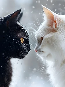 黑猫与白猫在雪天相遇高清图片下载-正版图片602634798-摄图网