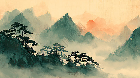 水墨风格山水日出插画图片下载-正版图片602745817-摄图网