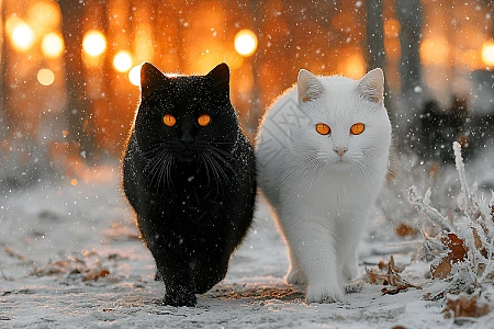 雪中黑猫白猫并肩前行高清图片下载-正版图片603090726-摄图网