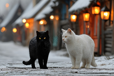 黑猫白猫对视在雪夜小镇高清图片下载-正版图片603090903-摄图网