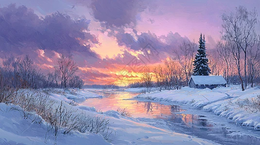 冬日夕阳下的雪景油画插画图片下载-正版图片700193782-摄图网