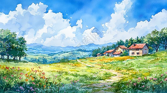水彩田园风景画插画图片下载-正版图片700426528-摄图网