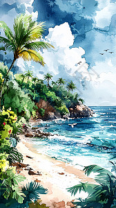 水彩画海滩风景插画图片下载-正版图片700436067-摄图网