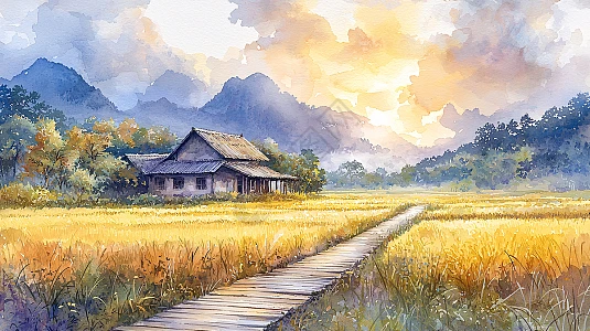 水彩田园风景画插画图片下载-正版图片700439070-摄图网