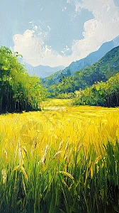 金黄稻田油画风景插画图片下载-正版图片700441882-摄图网