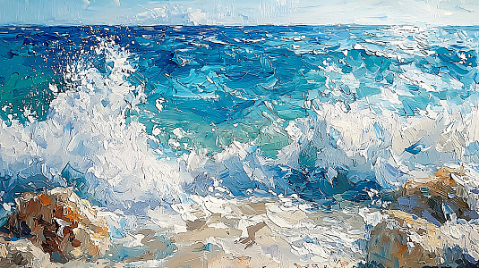 海浪拍打岩石的油画插画图片下载-正版图片700497661-摄图网