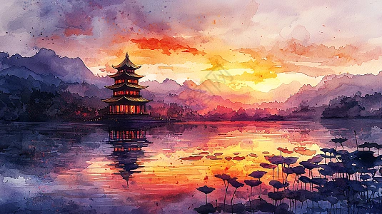 水墨画日落插画图片下载-正版图片700507886-摄图网