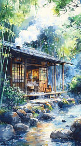 竹林小屋溪流的宁静水彩画插画图片下载-正版图片700510105-摄图网