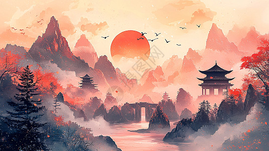 水墨风日出山水插画图片下载-正版图片700526087-摄图网