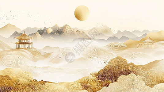 金色山水画插画图片下载-正版图片700526090-摄图网