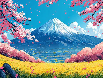 富士山樱花田野插画图片下载-正版图片700550185-摄图网