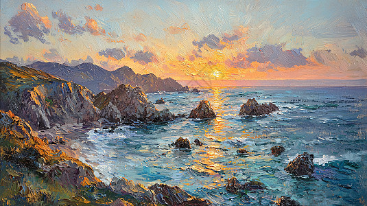 海岸日落油画风景插画图片下载-正版图片700603014-摄图网