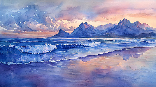 水彩天空和海面山峰插画图片下载-正版图片700610053-摄图网
