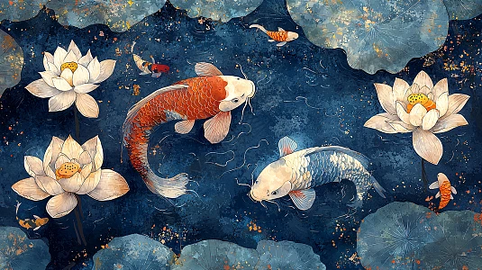 水墨画鲤鱼荷花插画图片下载-正版图片700674146-摄图网