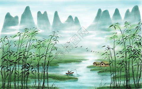 山水墨画竹 霧深い山と竹の影 オリジナル中国水墨風景画 手描き