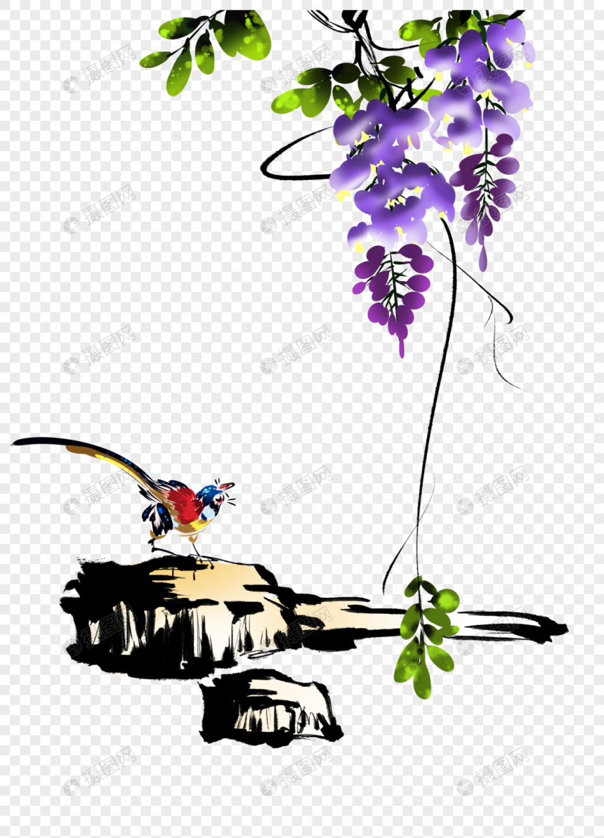 水墨紫藤花鸟元素素材下载-正版素材401571851-摄图网