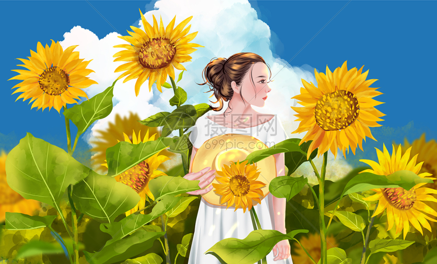 夏天向日葵花田中的女孩插画插画图片下载-正版图片401776225-摄图网