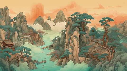 古风山水画美丽的山川河流树木风景插画图片下载-正版图片402479427-摄图网