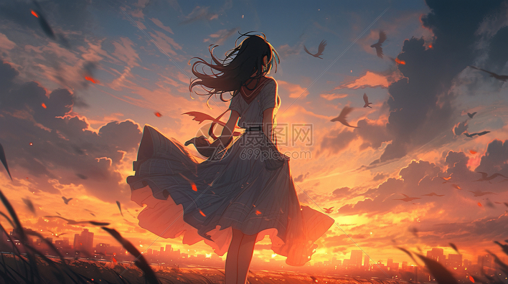 站在山坡上欣赏远处城市落日美丽卡通风景的女孩背影插画图片下载-正版