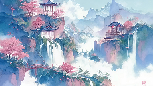 云雾间粉色唯美壮丽的山川插画图片下载-正版图片402579154-摄图网
