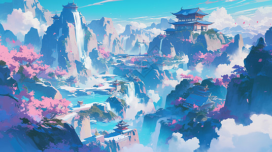 云雾间粉色唯美壮丽的山川插画图片下载-正版图片402579154-摄图网