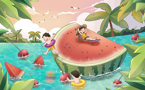二十四节气夏天清凉西瓜冰淇淋椰子树小孩柠檬薄荷蓝莓插画图片下载-正版图片402175402-摄图网