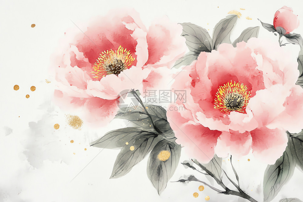 水墨画牡丹花与金色点缀插画图片下载-正版图片403762959-摄图网