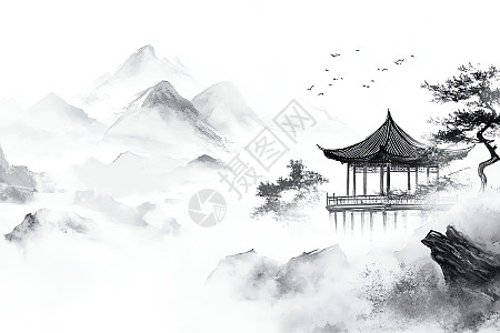 云雾缭绕的古风卡通山水画场景插画图片下载-正版图片402535681-摄图网
