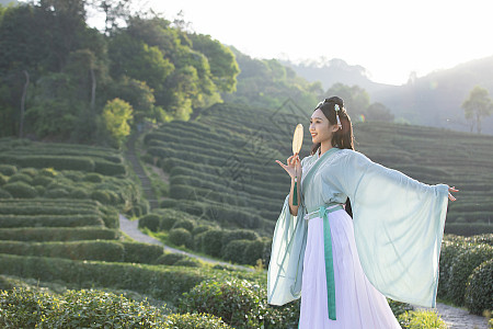 汉服古装美女茶园里跳舞高清图片下载-正版图片501604501-摄图网