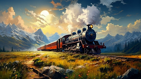 山脉中的蒸汽火车插画图片下载-正版图片600369785-摄图网