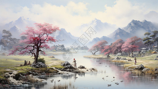水墨山水樱花图片_水墨山水樱花素材图片大全