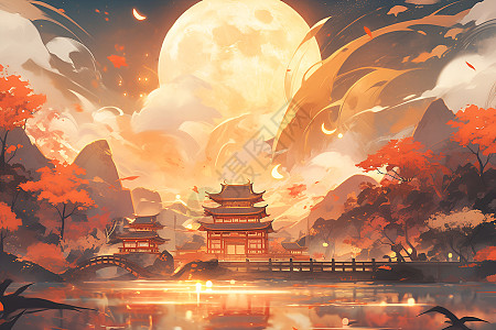 夜晚超大的圆月与灯火通明的古风卡通建筑风景插画图片下载-正版图片402517879-摄图网