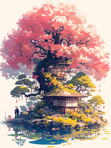 庭院中盛开的花树插画图片下载-正版图片601191311-摄图网
