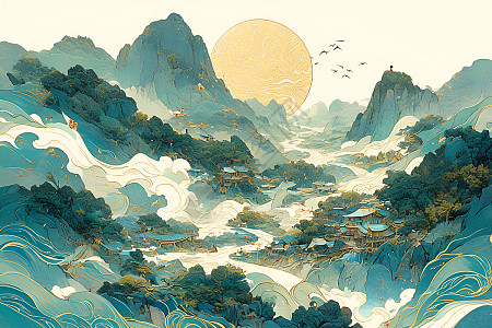 古风山水画美丽的山川河流树木风景插画图片下载-正版图片402479427-摄图网