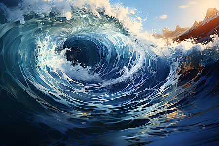 夕阳下海浪汹涌的海洋插画图片下载-正版图片600869499-摄图网
