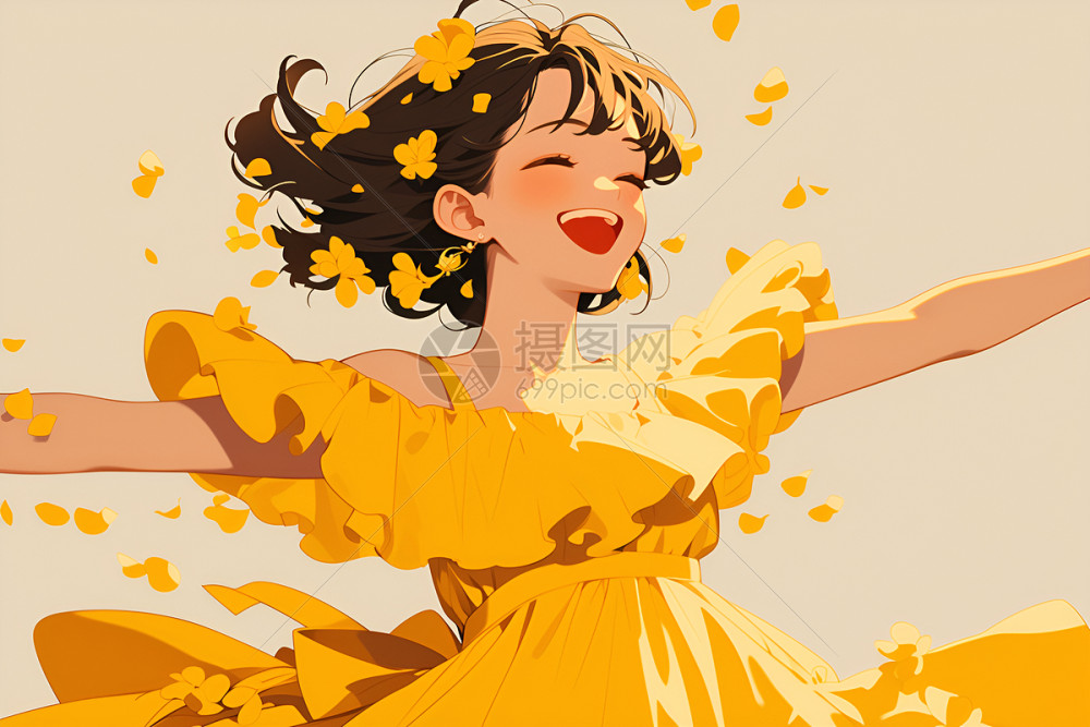 欢快少女舞动黄裙插画图片下载-正版图片601335584-摄图网