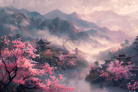 水墨山水樱花图片_水墨山水樱花素材图片大全