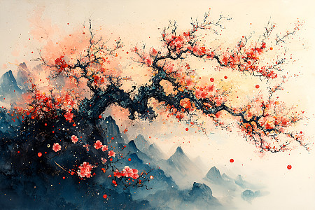 水墨山水樱花图片_水墨山水樱花素材图片大全