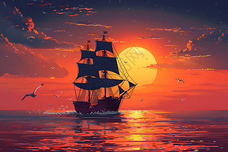 黄昏中的帆船和海鸥插画图片下载-正版图片601947668-摄图网