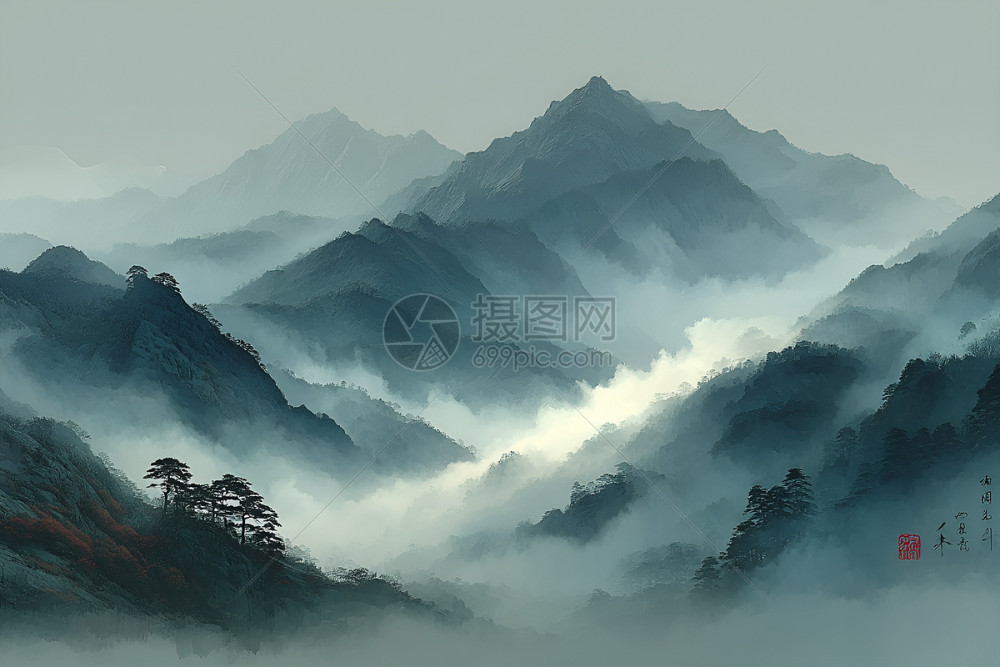 中国山水画风格的山景艺术作品插画图片下载-正版图片602389630-摄图网