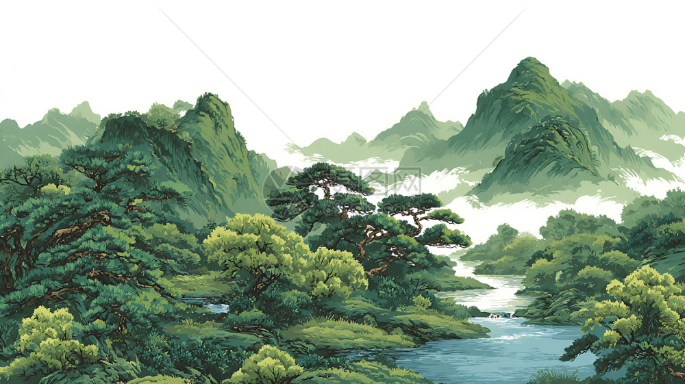 青山绿水中国风山水画卷插画图片下载-正版图片602507987-摄图网