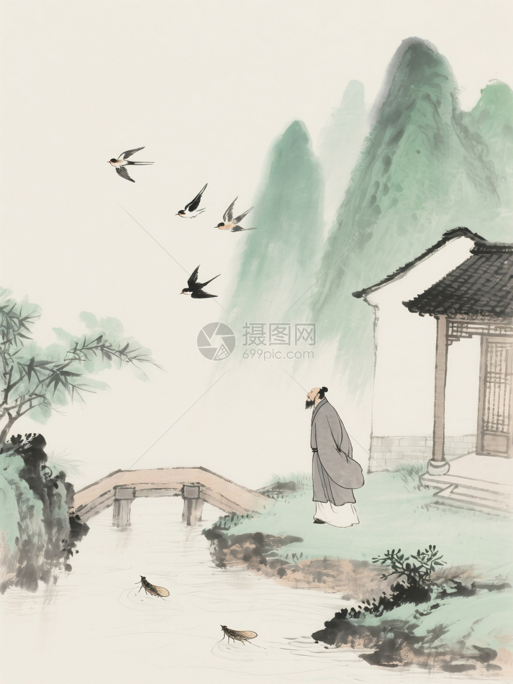 古代文人于山水间沉思远眺插画图片下载-正版图片602527439-摄图网