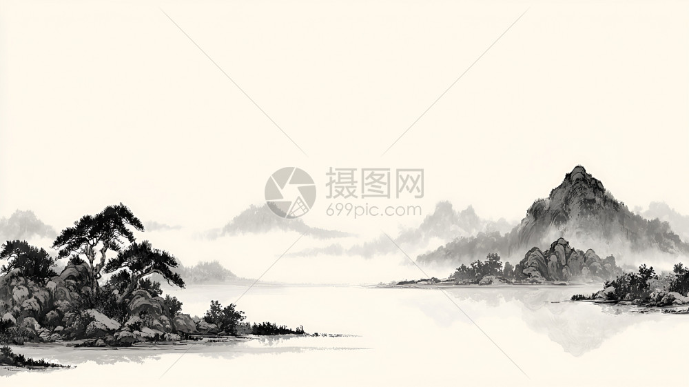 中国水墨画风格的山水风景插画图片下载-正版图片602544996-摄图网