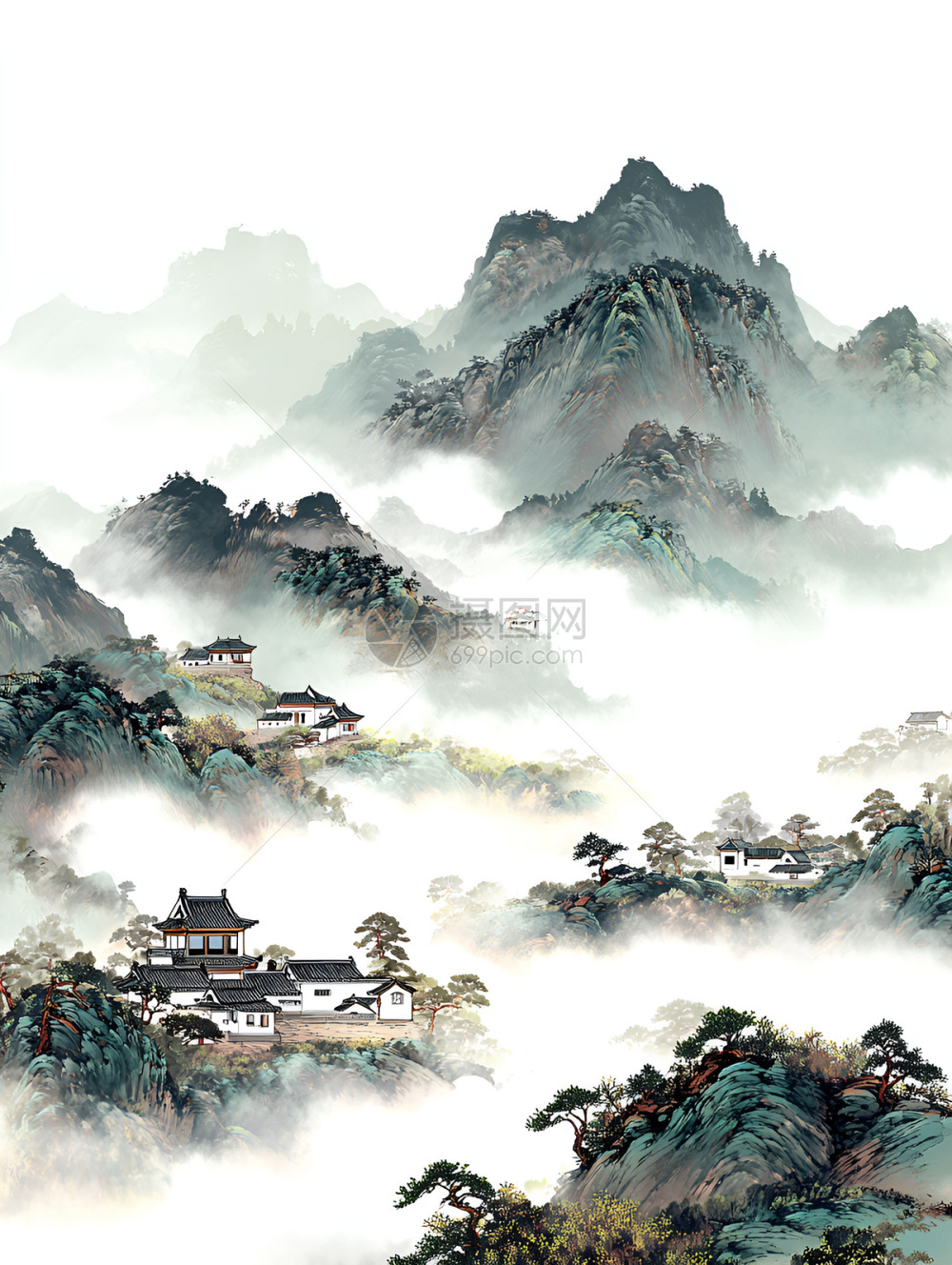 中国传统山水画中的山河与古建筑插画图片下载-正版图片602578404-摄图网