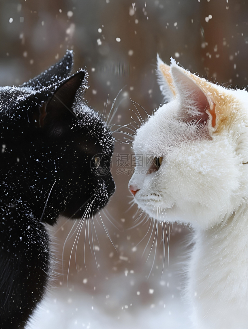 黑猫与白猫在雪天中对视高清图片下载-正版图片602633241-摄图网
