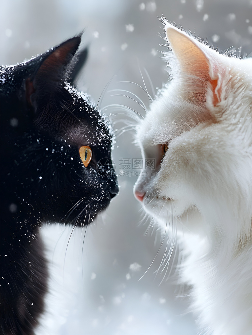 黑猫与白猫在雪天相遇高清图片下载-正版图片602634798-摄图网