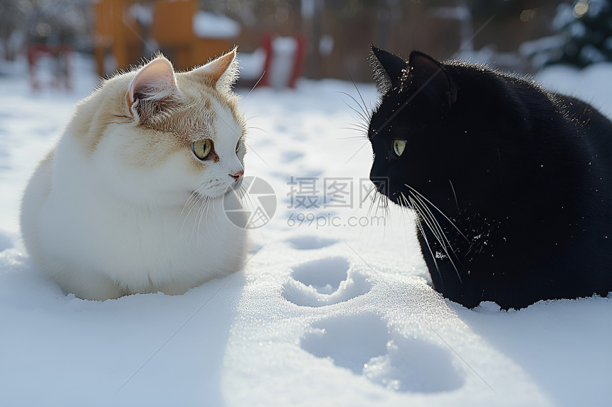 雪地中的白猫和黑猫对视高清图片下载-正版图片603066051-摄图网