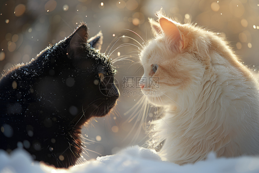 黑猫与白猫在雪中对视高清图片下载-正版图片603067887-摄图网
